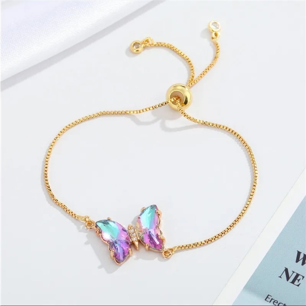 Sparkly Crystal Butterfly Pendant Adjustable Bracelet
